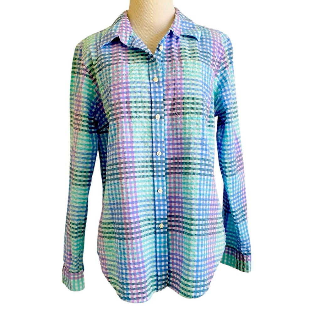 LL Bean Seersucker Shirt Top Plaid Medium Long Sleeve Blouse Preppy Coastal